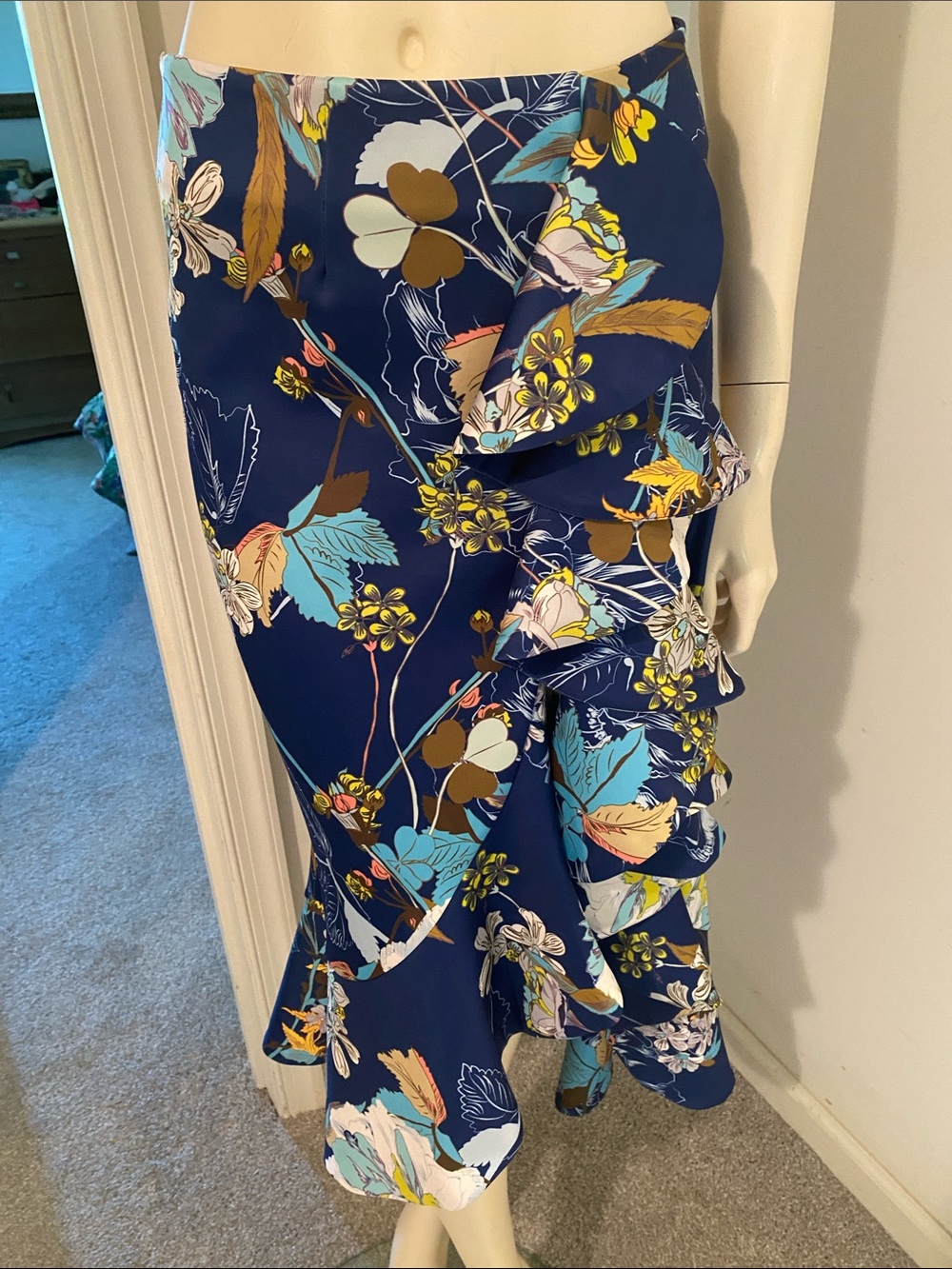 Navy Floral Ruffle-Front Midi Skirt